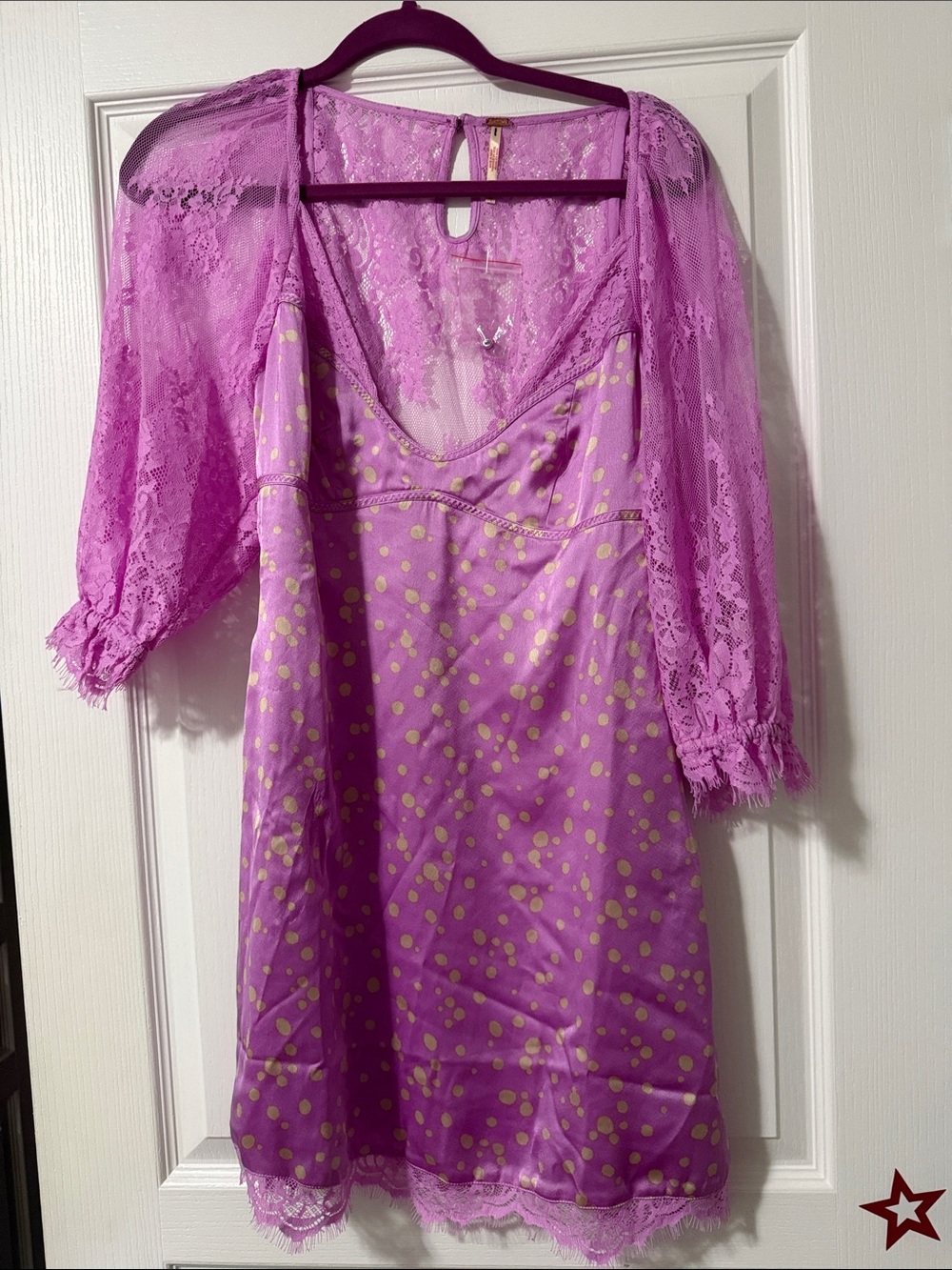 Free People Lavender Lace Slip Dress with Gold Polka Dots